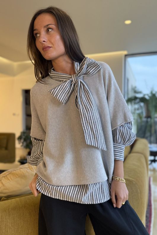 Nantucket Stripe Tie Neck Blouse Charcoal